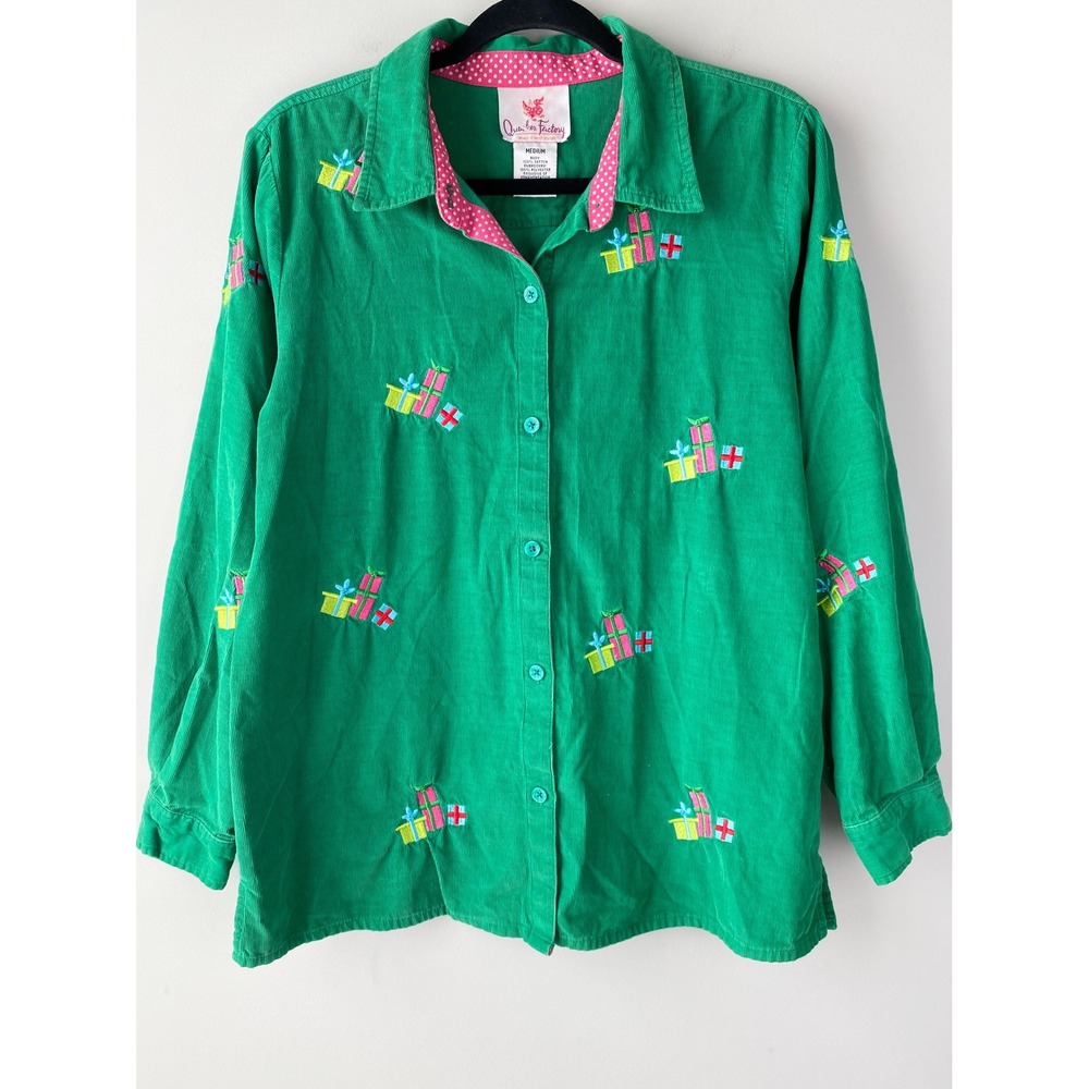 Quacker Factory Womens Corduroy Christmas Button Up Shirt M Green Embroidered